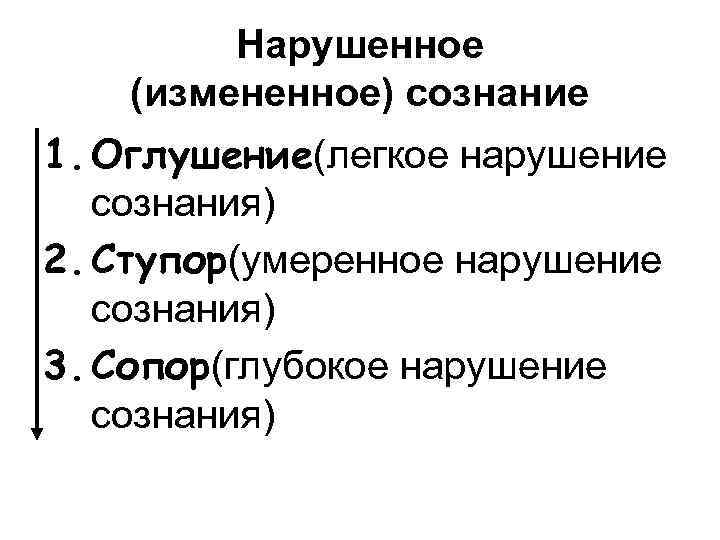 Нарушенное (измененное) сознание 1. Оглушение(легкое нарушение сознания) 2. Ступор(умеренное нарушение сознания) 3. Сопор(глубокое нарушение