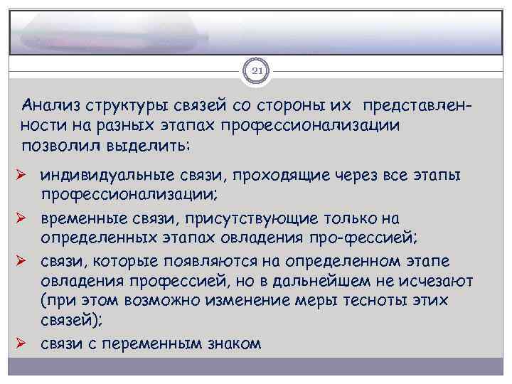21 Анализ структуры связей со стороны их представленности на разных этапах профессионализации позволил выделить: