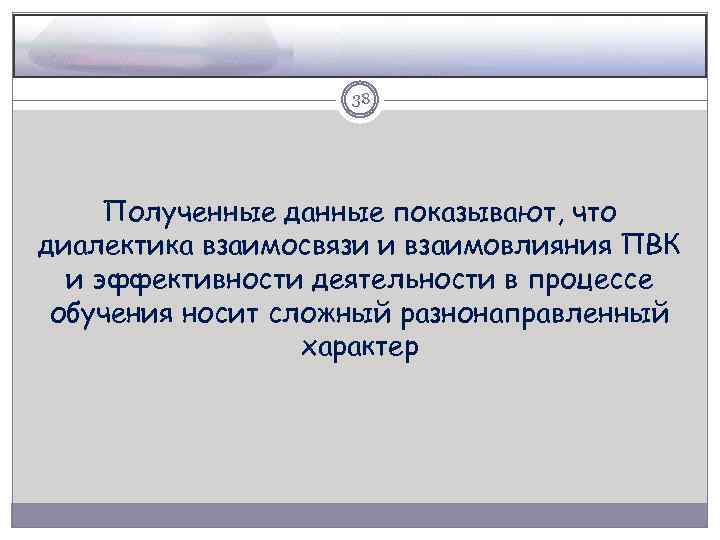 38 Полученные данные показывают, что диалектика взаимосвязи и взаимовлияния ПВК и эффективности деятельности в
