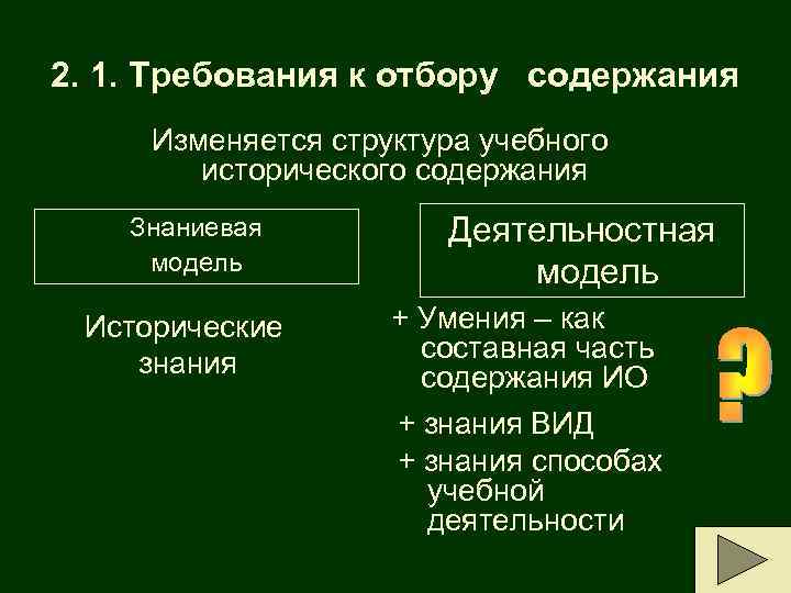 2. 1. Требования к отбору содержания Изменяется структура учебного исторического содержания Знаниевая Деятельностная модель