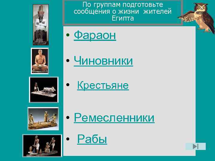  По группам подготовьте сообщения о жизни жителей Египта • Фараон • Чиновники •