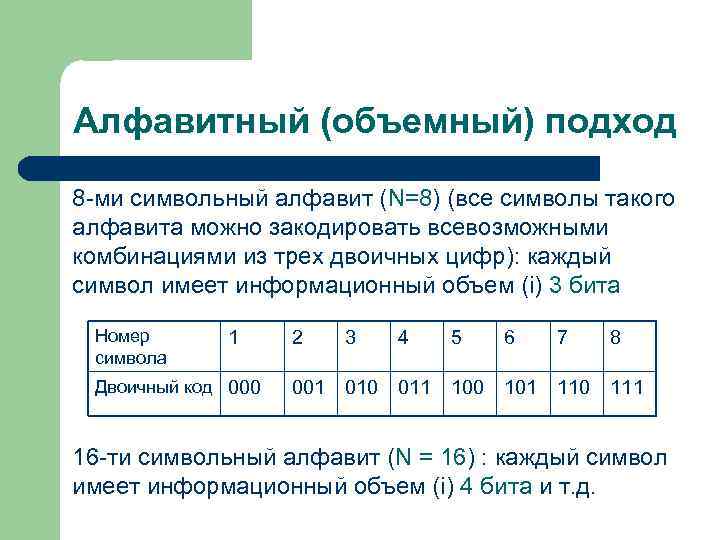 Алфавитный (объемный) подход 8 -ми символьный алфавит (N=8) (все символы такого алфавита можно закодировать