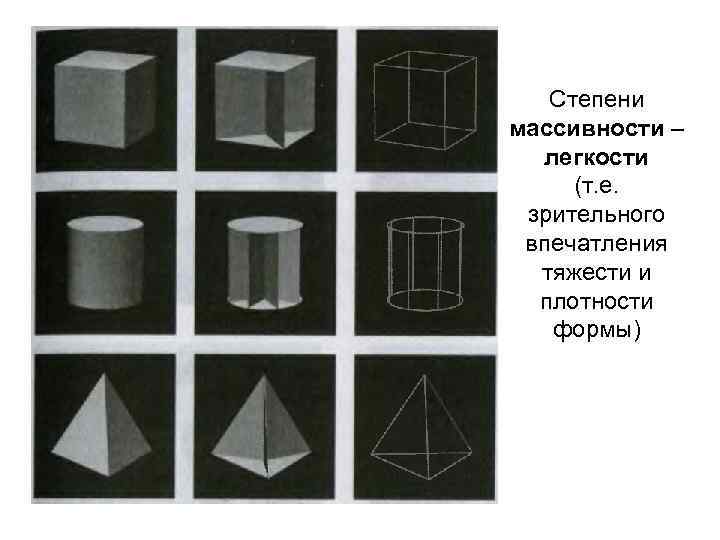 Степени массивности – легкости (т. е. зрительного впечатления тяжести и плотности формы) 