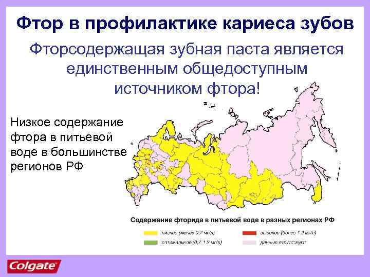 Фтор в профилактике кариеса зубов Фторсодержащая зубная паста является единственным общедоступным источником фтора! Низкое