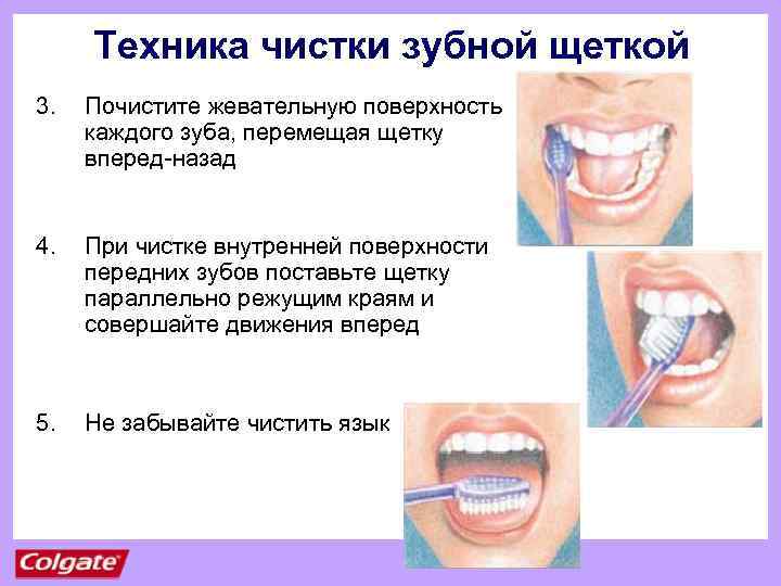 Техника чистки зубной щеткой 3. Почистите жевательную поверхность каждого зуба, перемещая щетку вперед-назад 4.
