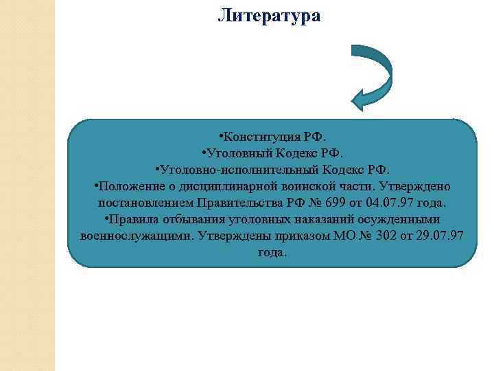 Литература • Конституция РФ. • Уголовный Кодекс РФ. • Уголовно-исполнительный Кодекс РФ. • Положение