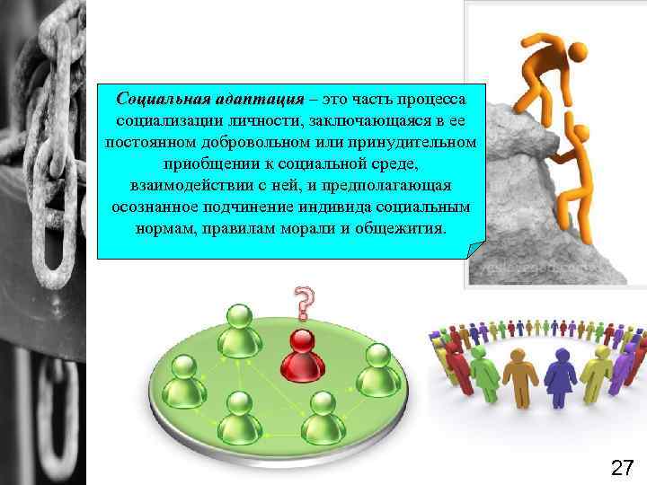 Социальная адаптация – это часть процесса социализации личности, заключающаяся в ее постоянном добровольном или