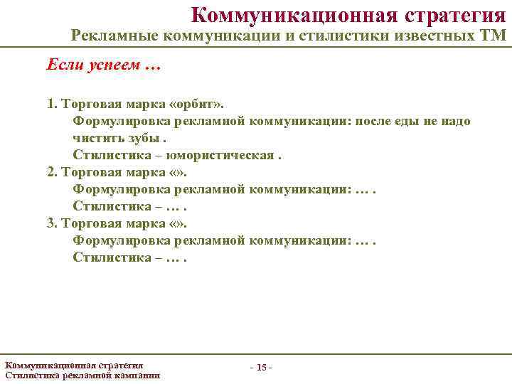 Коммуникационная стратегия Рекламные коммуникации и стилистики известных ТМ Если успеем … 1. Торговая марка
