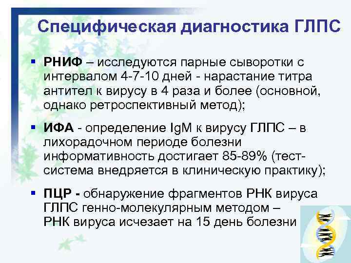 Специфическая диагностика ГЛПС § РНИФ – исследуются парные сыворотки с интервалом 4 -7 -10