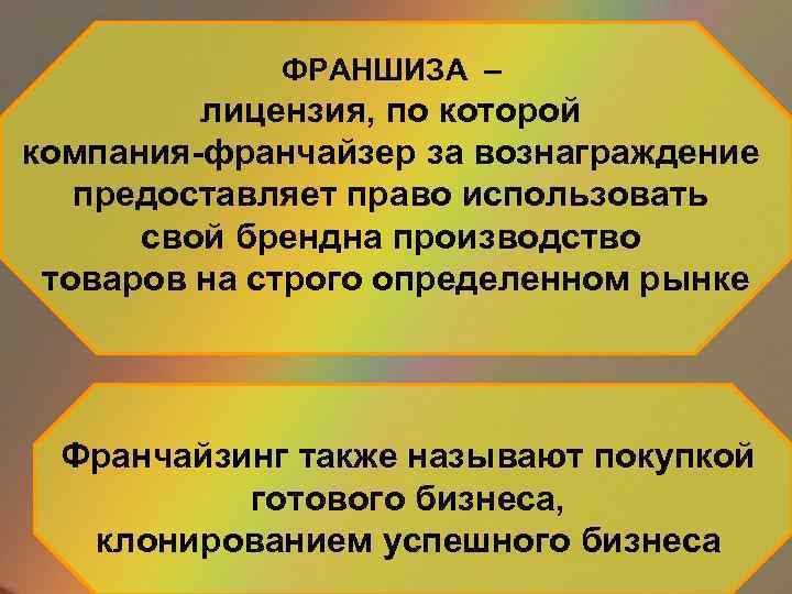 ФРАНШИЗА – лицензия, по которой компания-франчайзер за вознаграждение предоставляет право использовать свой брендна производство