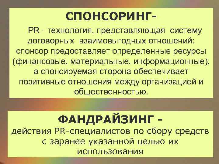 СПОНСОРИНГPR - технология, представляющая систему договорных взаимовыгодных отношений: спонсор предоставляет определенные ресурсы (финансовые, материальные,