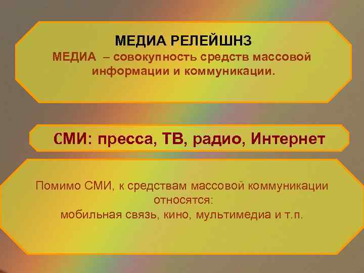 МЕДИА РЕЛЕЙШНЗ МЕДИА – совокупность средств массовой информации и коммуникации. CМИ: пресса, ТВ, радио,