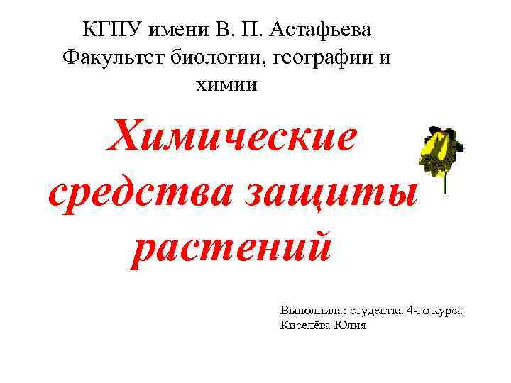КГПУ имени В. П. Астафьева Факультет биологии, географии и химии Химические средства защиты растений