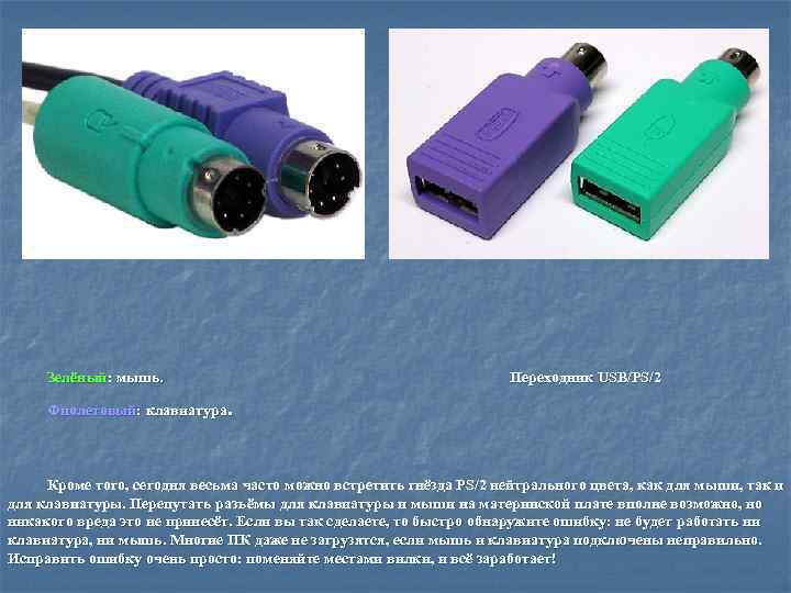 Зелёный: мышь. Переходник USB/PS/2 Фиолетовый: клавиатура. Кроме того, сегодня весьма часто можно встретить гнёзда