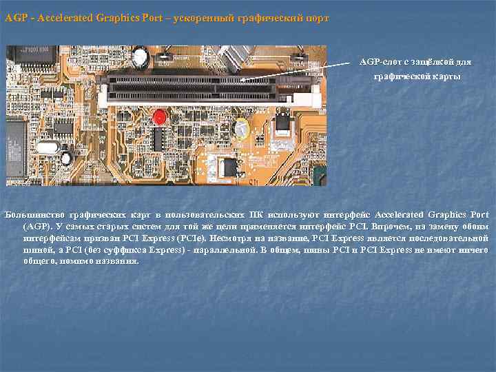 AGP - Accelerated Graphics Port – ускоренный графический порт AGP-слот с защёлкой для графической