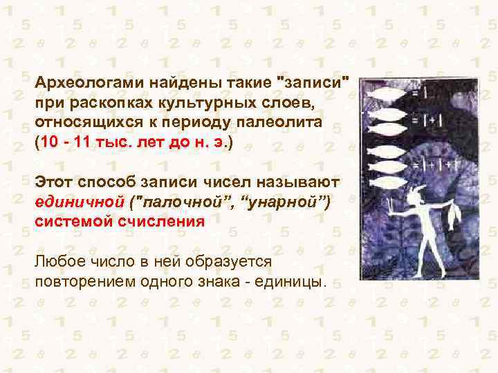 Археологами найдены такие "записи" при раскопках культурных слоев, относящихся к периоду палеолита (10 -