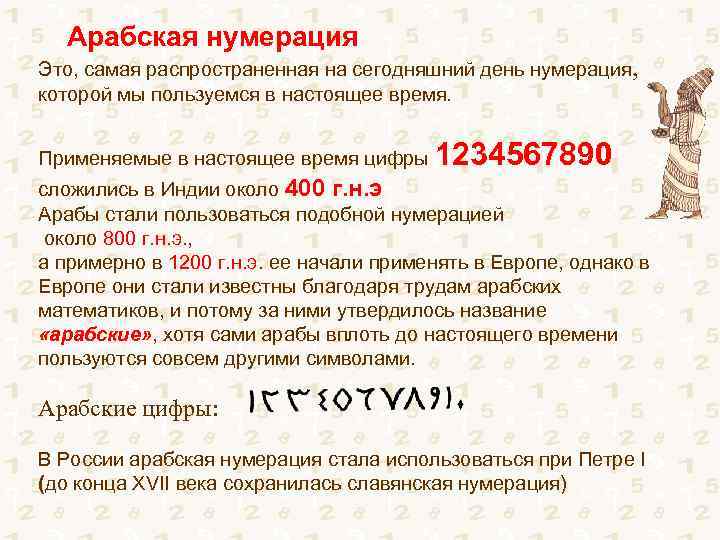 Арабская нумерация Это, самая распространенная на сегодняшний день нумерация, которой мы пользуемся в настоящее