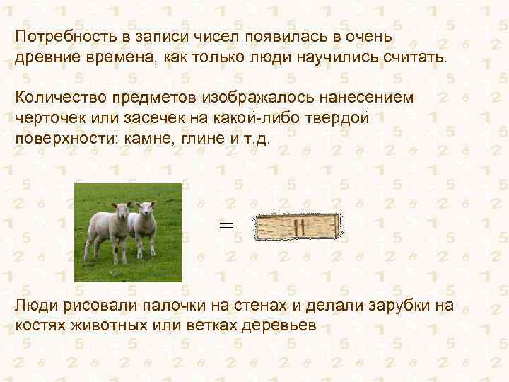 Потребность в записи чисел появилась в очень древние времена, как только люди научились считать.