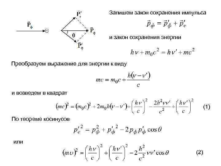 Запишем закон сохранения импульса и закон сохранения энергии Преобразуем выражение для энергии к виду