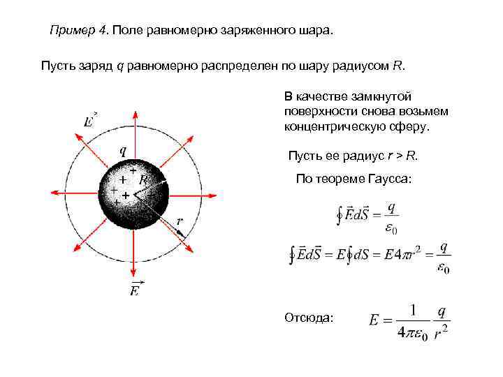 Пример 4. Поле равномерно заряженного шара. Пусть заряд q равномерно распределен по шару радиусом