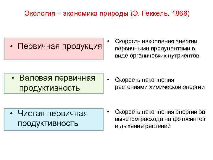 Экология – экономика природы (Э. Геккель, 1866) • Первичная продукция • Скорость накопления энергии