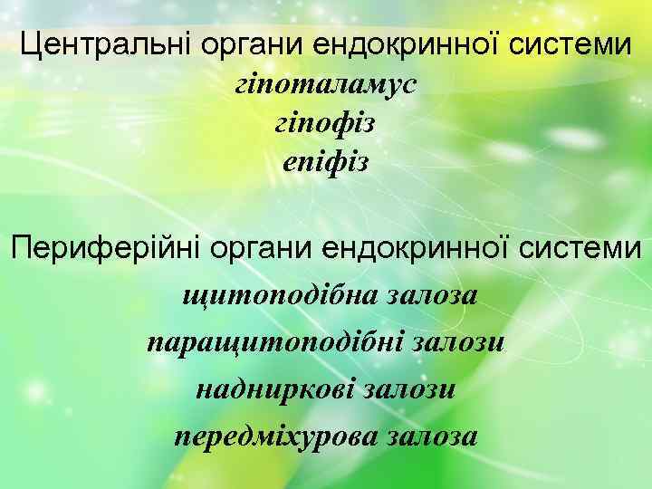 Центральні органи ендокринної системи гіпоталамус гіпофіз епіфіз Периферійні органи ендокринної системи щитоподібна залоза паращитоподібні