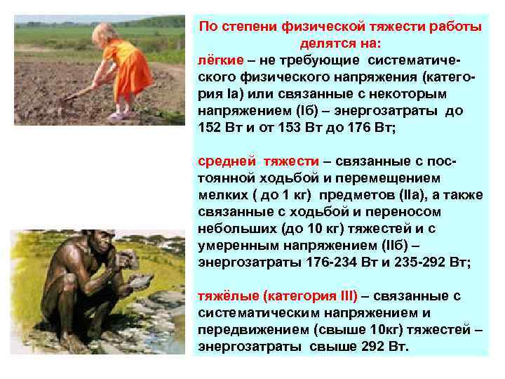 По степени физической тяжести работы делятся на: лёгкие – не требующие систематического физического напряжения