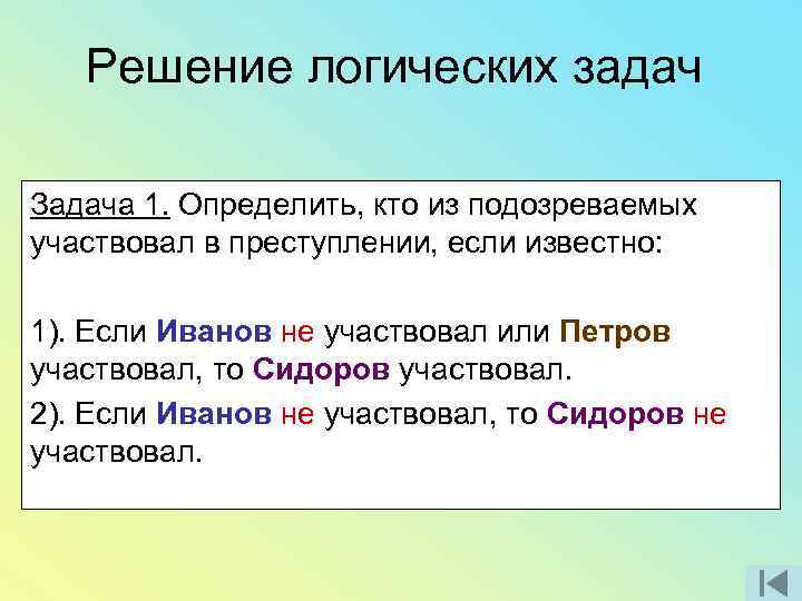 Определить участвовать. Определите кто из подозреваемых участвовал в преступлении если. Если Иванов не участвовал или Петров участвовал. Если Иванов не участвовал то Сидоров не участвовал. Узнать кто являетрасска.