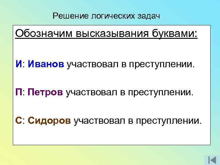 Решение логических задач Обозначим высказывания буквами: И: Иванов участвовал в преступлении. П: Петров участвовал