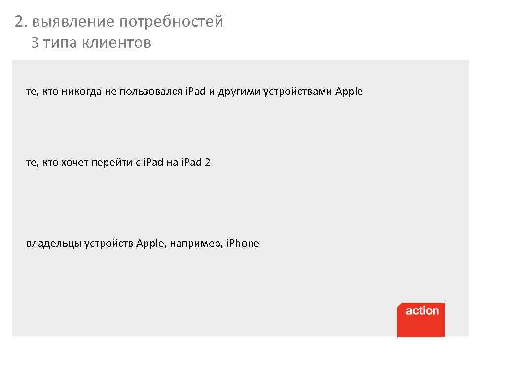 2. выявление потребностей 3 типа клиентов те, кто никогда не пользовался i. Pad и