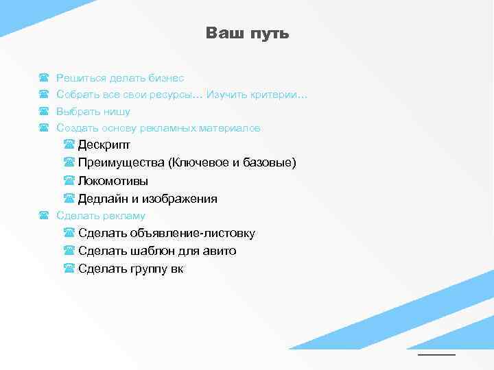 Ваш путь Решиться делать бизнес Собрать все свои ресурсы… Изучить критерии… Выбрать нишу Создать