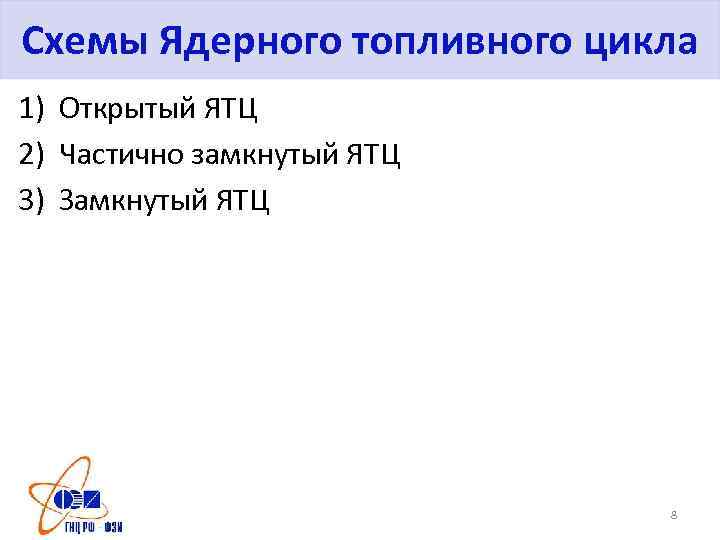 Схемы Ядерного топливного цикла 1) Открытый ЯТЦ 2) Частично замкнутый ЯТЦ 3) Замкнутый ЯТЦ