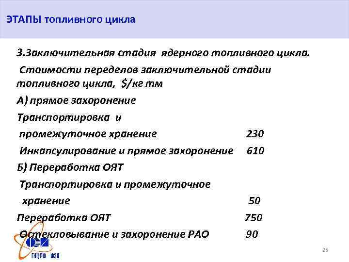 ЭТАПЫ топливного цикла 3. Заключительная стадия ядерного топливного цикла. Стоимости переделов заключительной стадии топливного