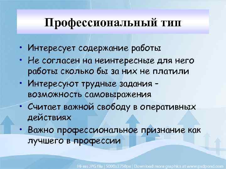 Профессиональный тип • Интересует содержание работы • Не согласен на неинтересные для него работы