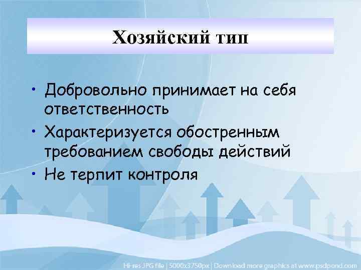 Хозяйский тип • Добровольно принимает на себя ответственность • Характеризуется обостренным требованием свободы действий