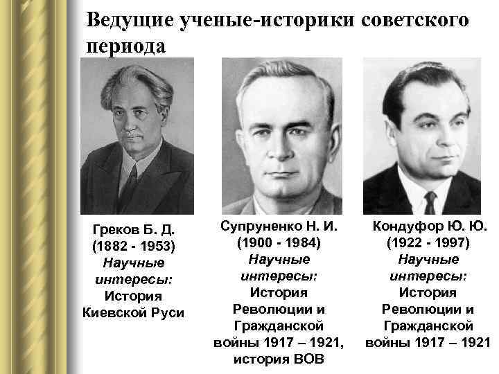 Ведущие ученые-историки советского периода Греков Б. Д. (1882 - 1953) Научные интересы: История Киевской
