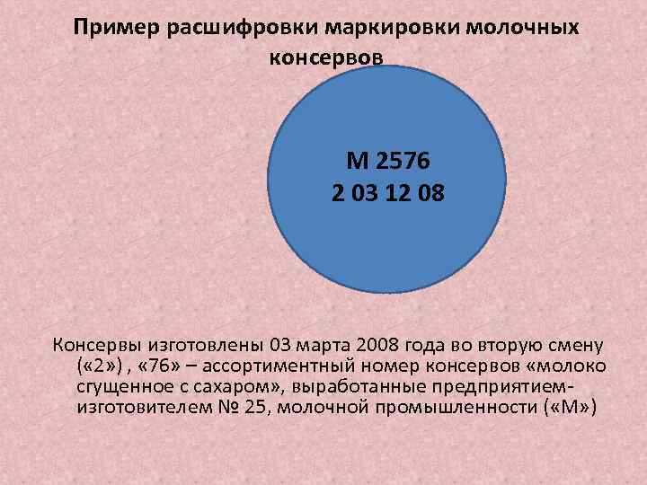 Пример расшифровки маркировки молочных консервов М 2576 2 03 12 08 Консервы изготовлены 03