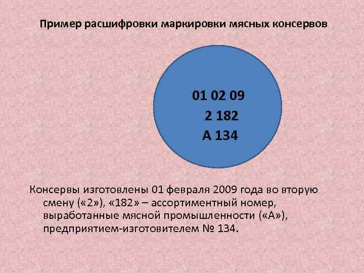 Пример расшифровки маркировки мясных консервов 01 02 09 2 182 А 134 Консервы изготовлены