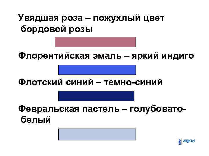 Увядшая роза – пожухлый цвет бордовой розы Флорентийская эмаль – яркий индиго Флотский синий