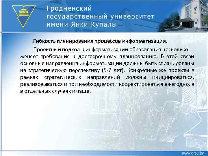 Гибкость планирования процессов информатизации. Проектный подход к информатизации образования несколько меняет требования к долгосрочному