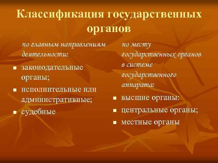 Классификация государственных органов n n n по главным направлениям деятельности: законодательные органы; исполнительные или