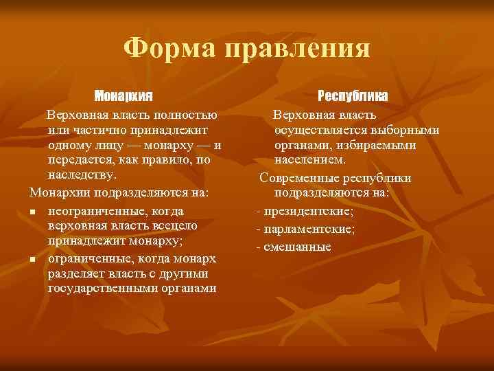 Форма правления Монархия Верховная власть полностью или частично принадлежит одному лицу — монарху —