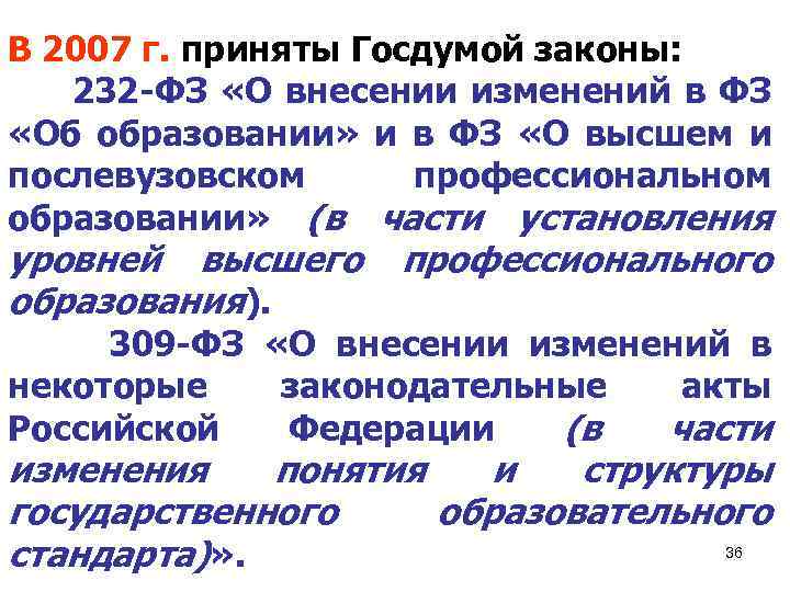 В 2007 г. приняты Госдумой законы: 232 -ФЗ «О внесении изменений в ФЗ «Об