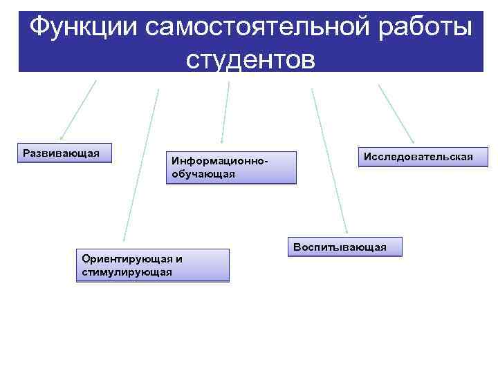Функции самостоятельной работы студентов Развивающая Информационнообучающая Ориентирующая и стимулирующая Исследовательская Воспитывающая 