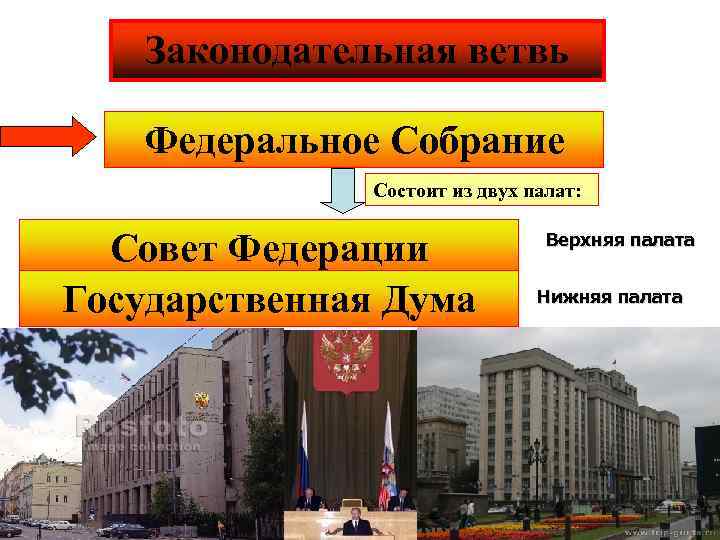 Законодательная ветвь Федеральное Собрание Состоит из двух палат: Совет Федерации Государственная Дума Верхняя палата