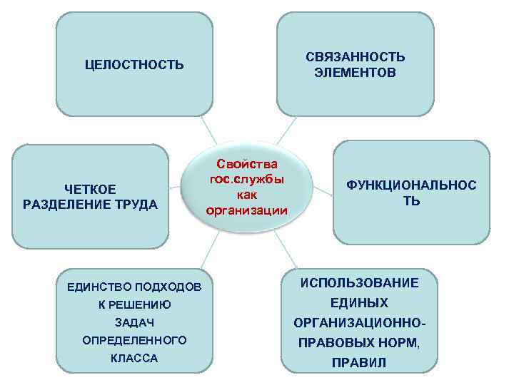 СВЯЗАННОСТЬ ЭЛЕМЕНТОВ ЦЕЛОСТНОСТЬ ЧЕТКОЕ РАЗДЕЛЕНИЕ ТРУДА Свойства гос. службы как организации ФУНКЦИОНАЛЬНОС ТЬ ЕДИНСТВО