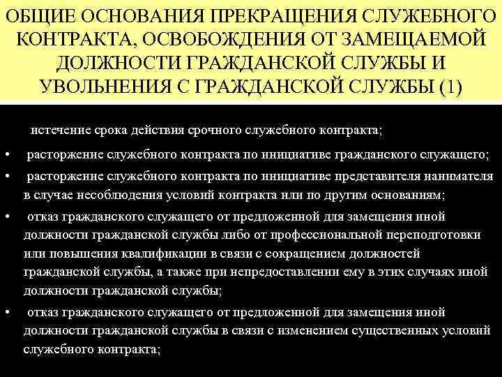 Замещенные гражданские должности. Основания прекращения служебного контракта. Освобождение от замещаемой должности гражданской службы. Прекращение служебного контракта гражданского служащего. Основания для расторжения контракта с госслужащим.