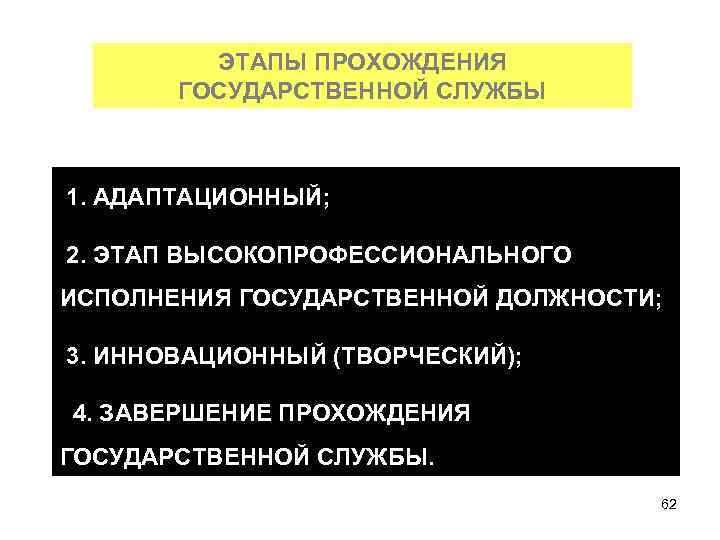 ЭТАПЫ ПРОХОЖДЕНИЯ ГОСУДАРСТВЕННОЙ СЛУЖБЫ 1. АДАПТАЦИОННЫЙ; 2. ЭТАП ВЫСОКОПРОФЕССИОНАЛЬНОГО ИСПОЛНЕНИЯ ГОСУДАРСТВЕННОЙ ДОЛЖНОСТИ; 3. ИННОВАЦИОННЫЙ