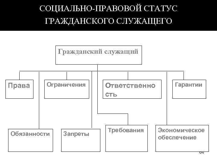 СОЦИАЛЬНО-ПРАВОВОЙ СТАТУС ГРАЖДАНСКОГО СЛУЖАЩЕГО Гражданский служащий Права Ограничения Обязанности Запреты Ответственно сть Требования Гарантии