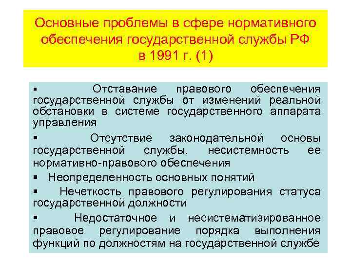 Основные проблемы в сфере нормативного обеспечения государственной службы РФ в 1991 г. (1) Отставание